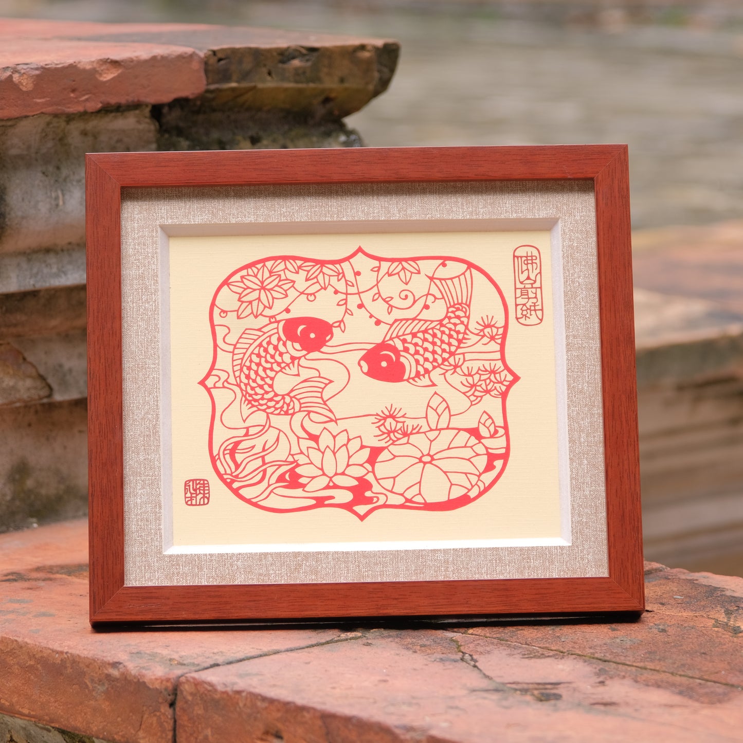 PaperCutting Art - Two Koi Fish surrounded by Lotus Flower