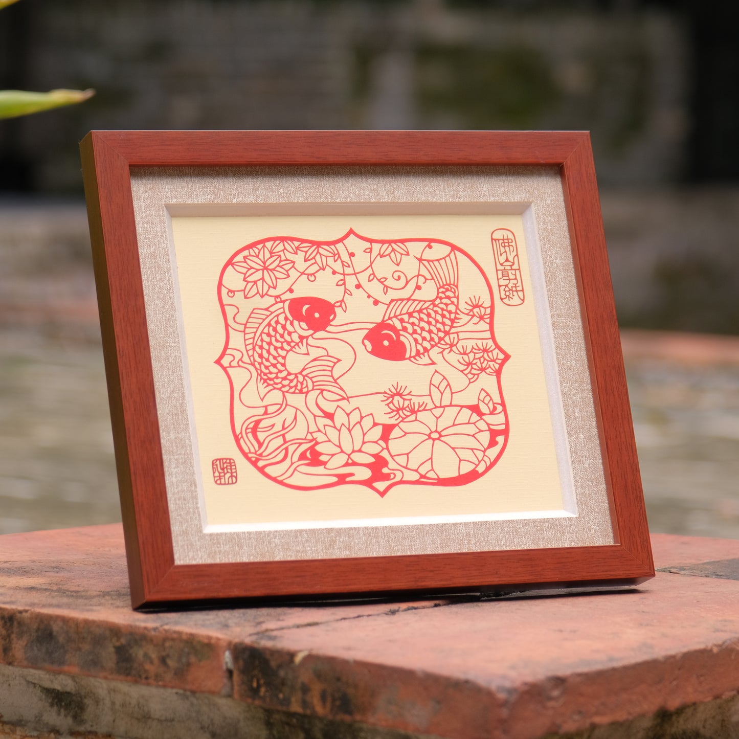 PaperCutting Art - Two Koi Fish surrounded by Lotus Flower